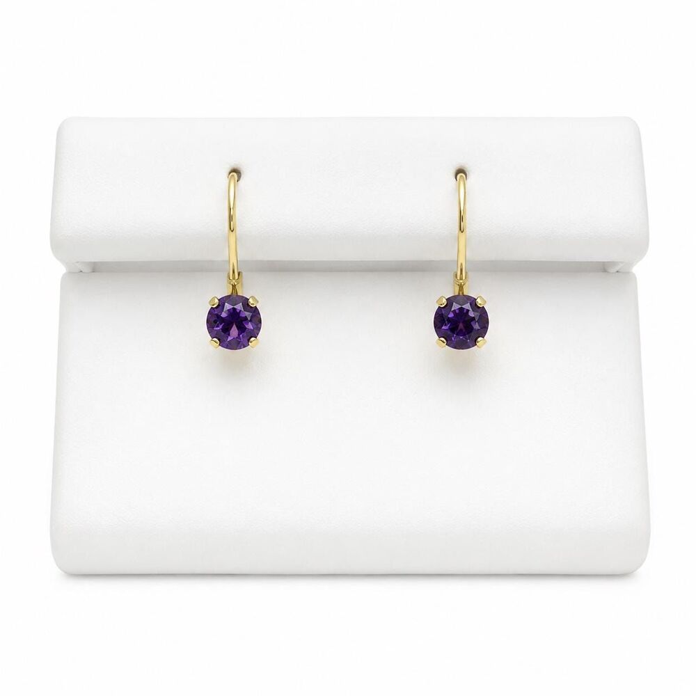 Amethyst Leverback Earrings 0.50ct 4mm Round 14K Solid Yellow Gold